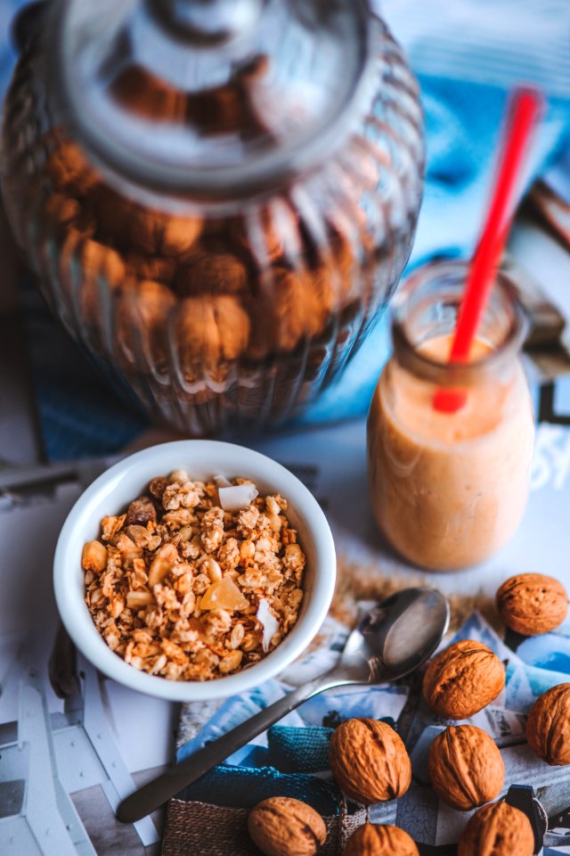 Muesli in the white bowl