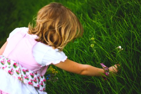 Little girl breaks the flowers photo