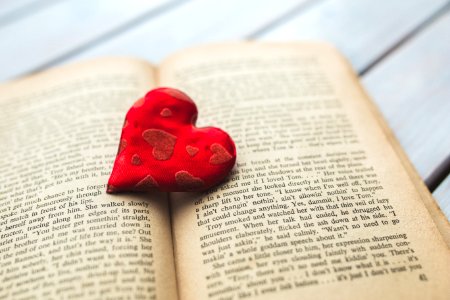 Red heart on a old opened book photo
