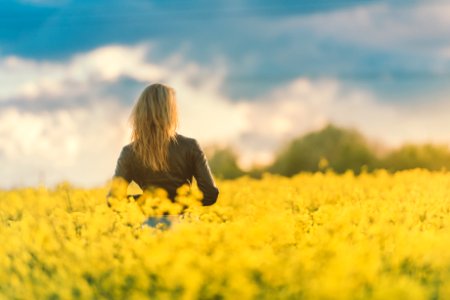Woman Standing on Yellow Flower Fields