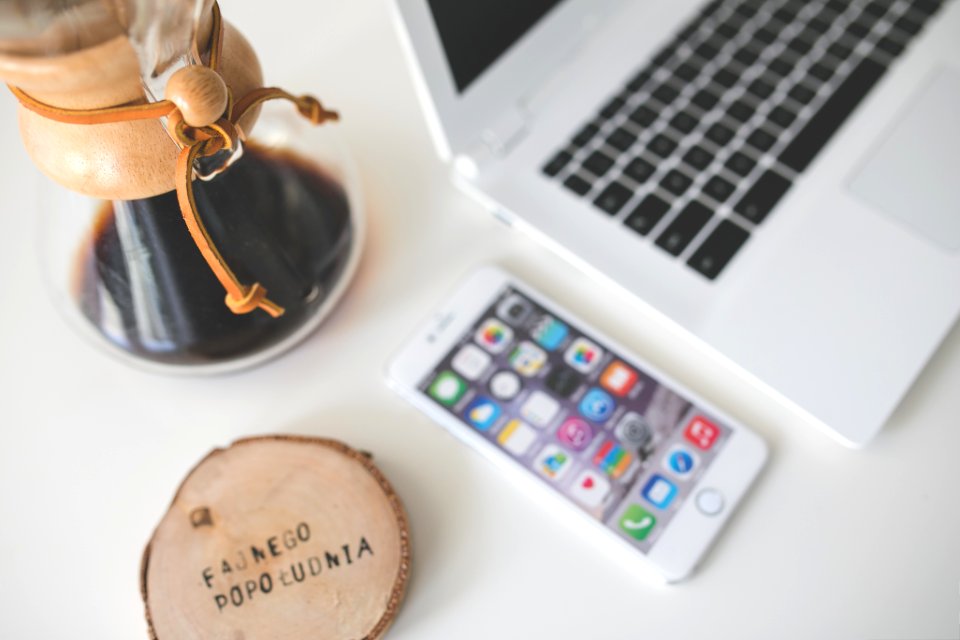 Desk, Coffee Chemex, phone, laptop photo