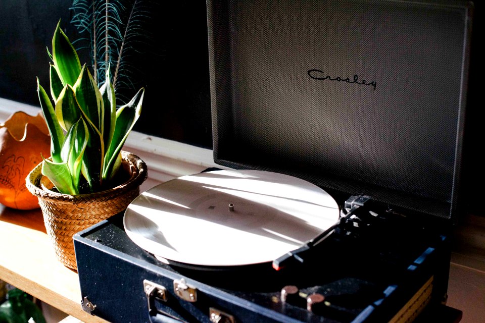 Black and White Crosley Vinyl Record Player on White Wooden Frame photo