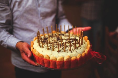 Birthday cake in men's hands photo