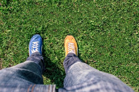 Person Wearing Unpaired Running Shoes Standing on Green Grass photo