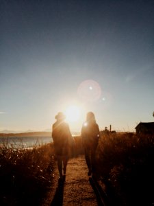 Silhouette of Two People Walking Near Body of Water during Golden Hour
