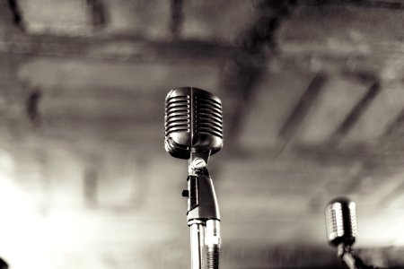 Selective Focus Photography of Grey Condenser Microphone With Stand photo