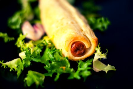 Cooked Hotdog in Baked Rolled Food on Green Vegetable photo