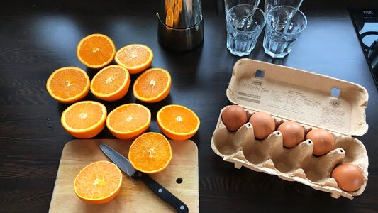 Oranges squeeze out breakfast egg photo