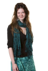 Model long hair blue scarf