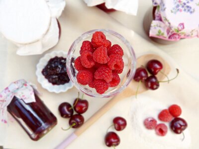 Cherries glasses wooden spoon