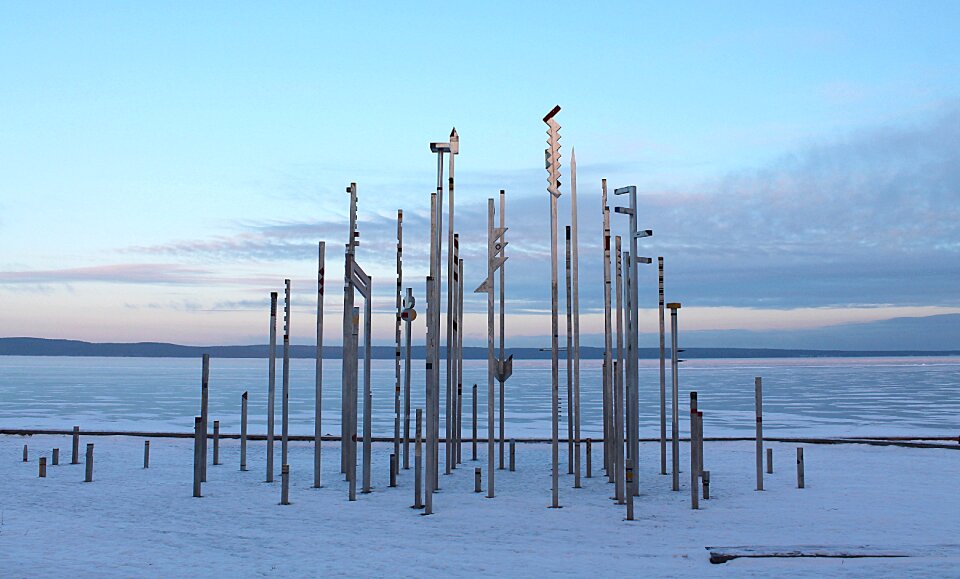 Metal sculpture winter landscape quay