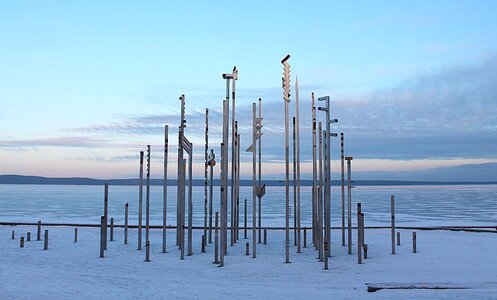 Metal sculpture winter landscape quay