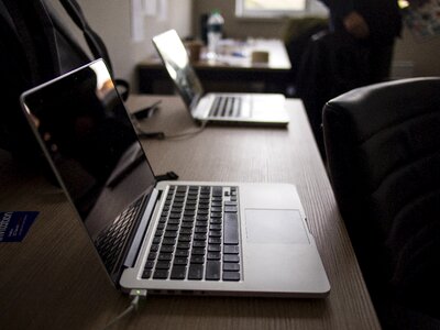 Podcast desk office space photo