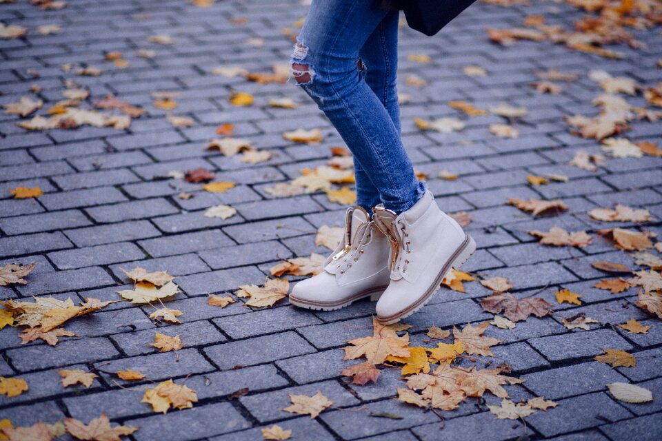 Cobblestone concrete dried leaves photo