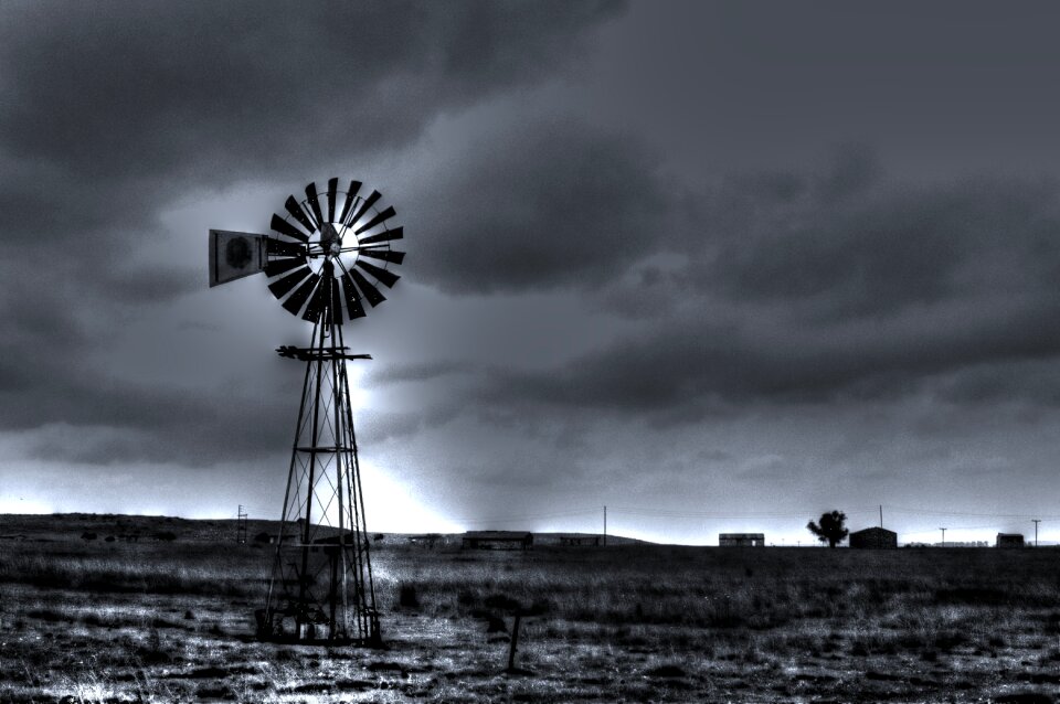 Black and white landscape windmill country