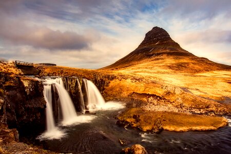 Mountains waterfall sunset photo