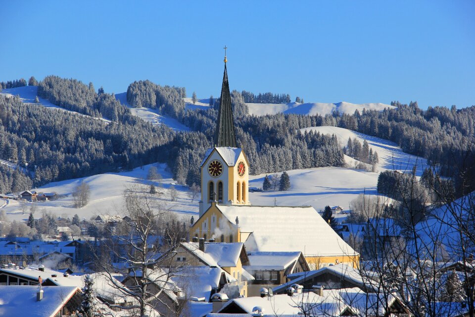 Town view church winter
