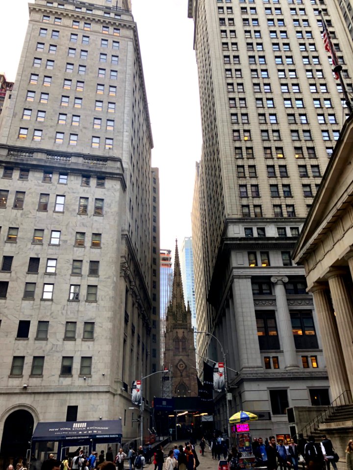 Wall Street towards Trinity Church, New York City, NY 