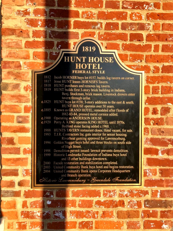 Historical Marker, Hunt House Hotel, Lawrenceburg, IN 