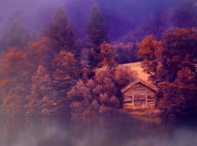 Lake hut log cabin photo