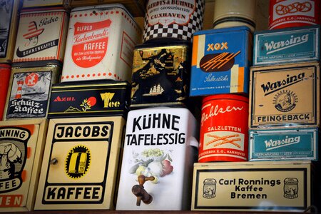 Sale shelf old cans food photo