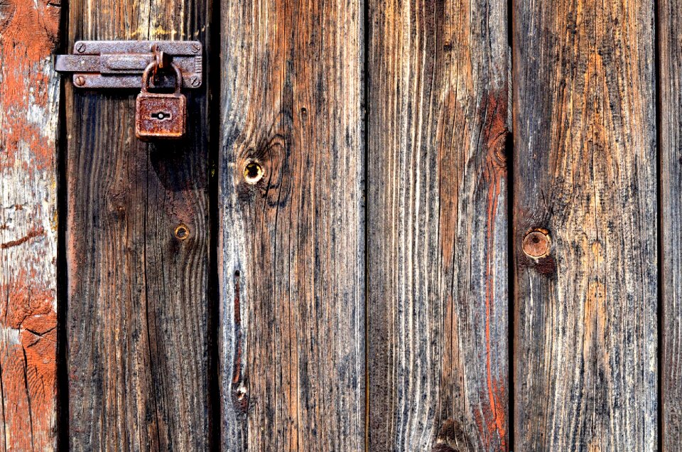 Metal padlock old cellar door photo