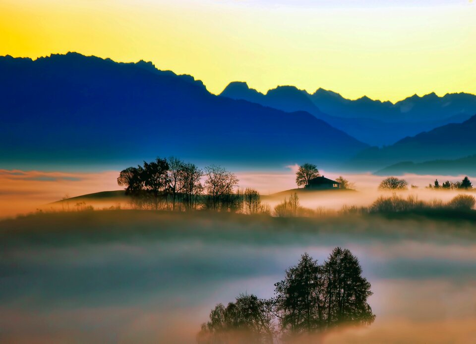 Mountains trees dawn photo