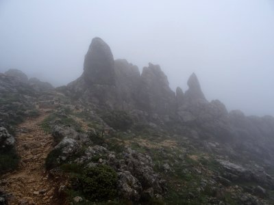Formes rocheuses dans le brouillard 