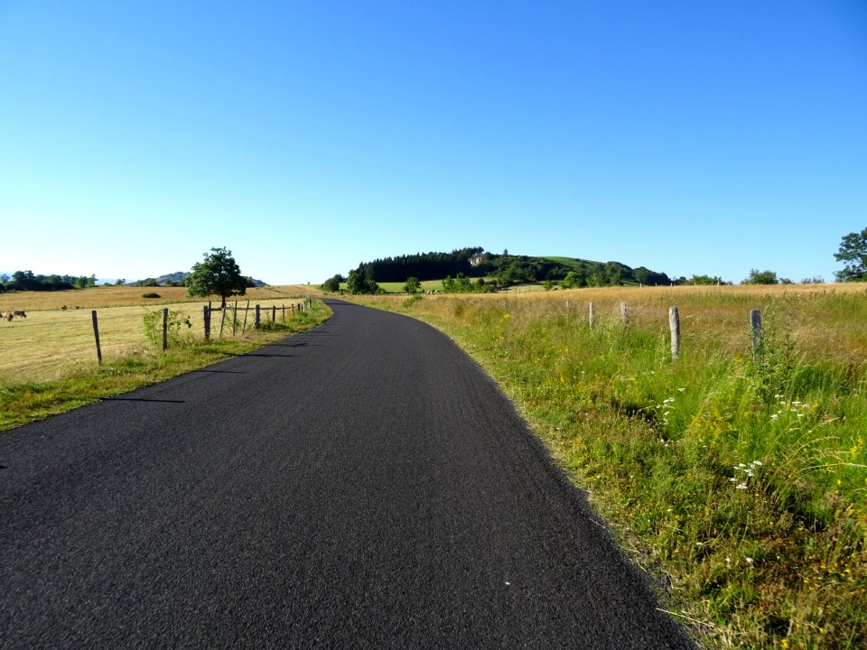 La route file au nord vers La Chapelle-Laurent, Cantal 