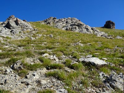 Montée très raide par un alpage plein de pierres ou un pie… 