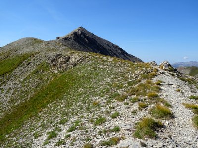 Sur l'arête arrondie qui monte vers le sommet du Pic des E… 