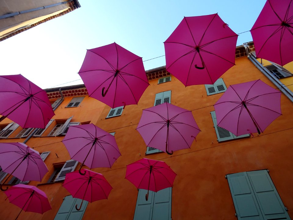 Des parapluies roses dans les rues du centre, Grasse, Alpe… 