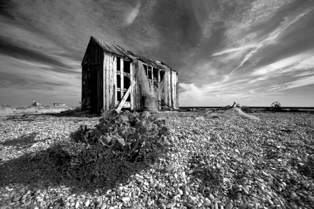 419 kent The Shed Dungeness bw photo