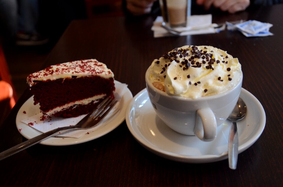 Red velvet cake cup of coffee photo