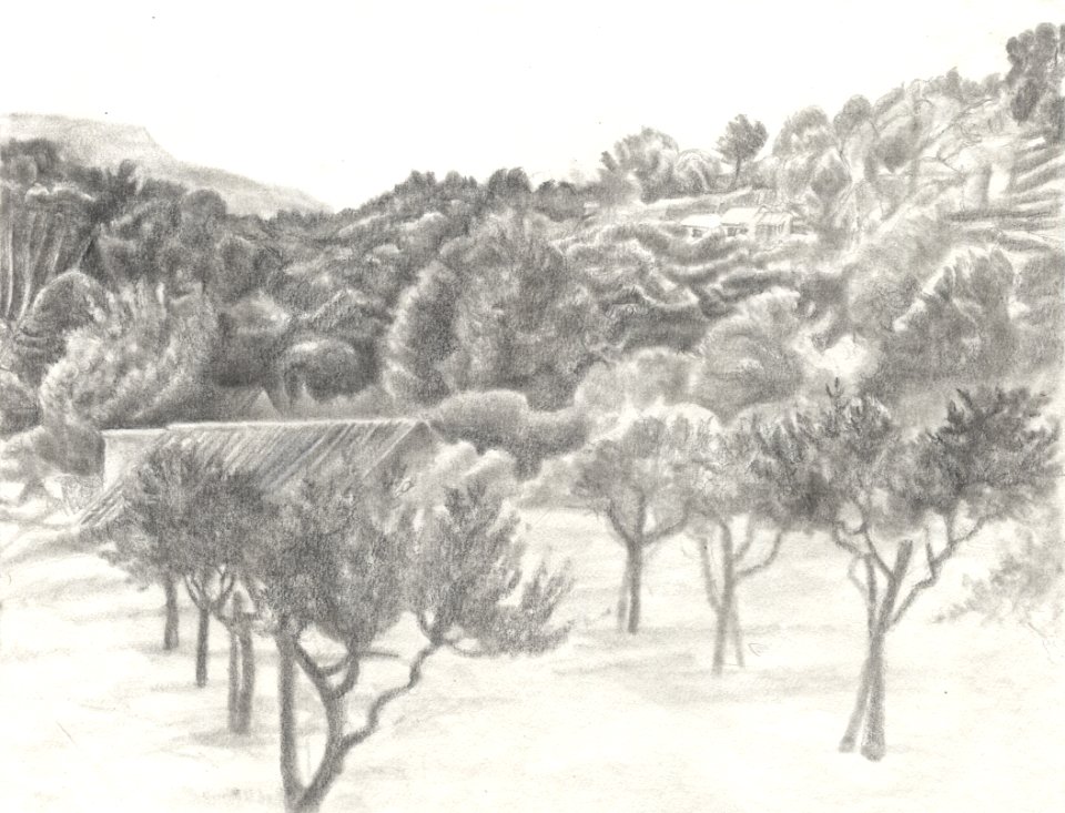 Dessin sur le motif du paysage vu du Moulin-musée de Calla… 
