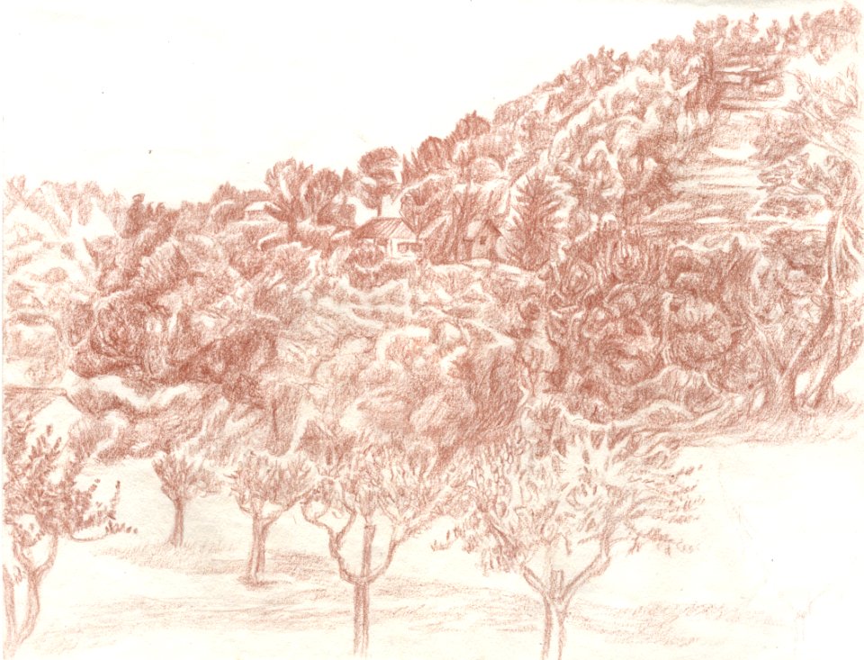Dessin sur le motif du paysage vu du Moulin-musée de Calla… 