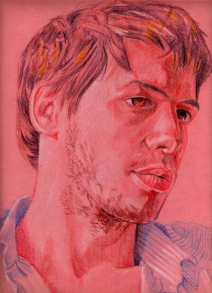 1986, selfportrait, crayons de couleurs 