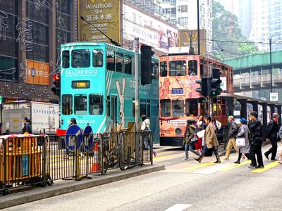 Double decker tram city building photo