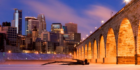 Minneapolis at night, from the Mississippi River photo