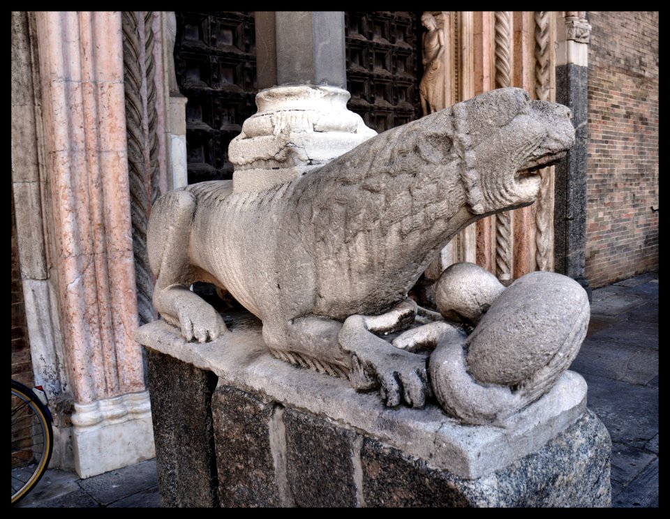 Leone stiloforo di pietra. Lodi, cattedrale 