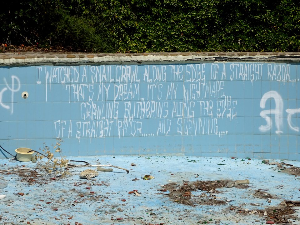 Merlin graffiti Limnos abandoned swimmingpool 