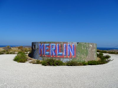 Abandoned radarstation Limnos, with Merlin graffiti 
