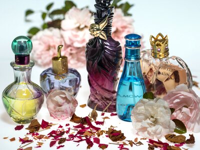 Rose petals perfume perfume bottles photo