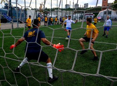 Sailors From the U.S. Navy and Royal Navy Play Soccer Duri…