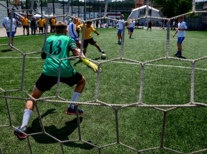 Sailors From the U.S. Navy and Royal Navy Play Soccer Duri…