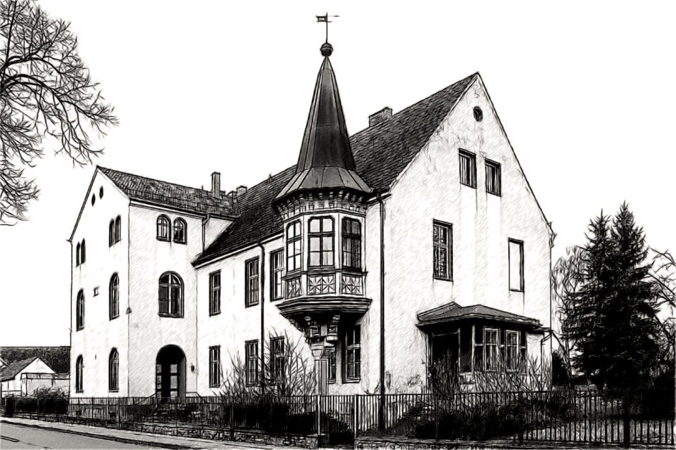 Bay window building black and white