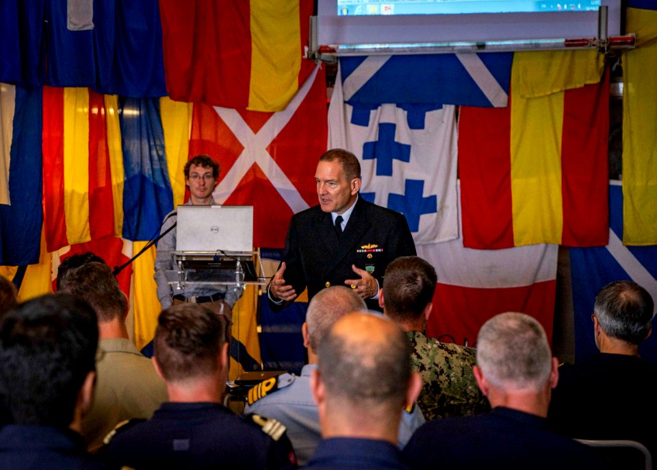 commander, Standing NATO Maritime Group One, speaks during…