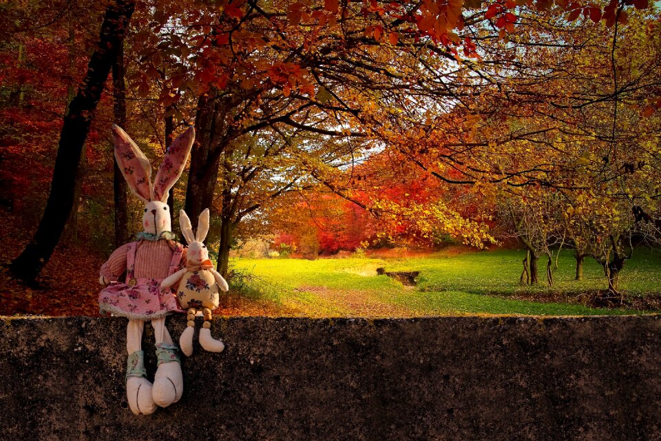 Colorful toy rabbits trees