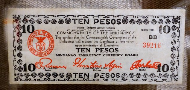 10_Pesos,_Commonwealth_of_the_Philippines,_Treasury_Emergency_Currency_Certificate,_Series_1943,_during_Japanese_occupation_-_Spurlock_Museum,_UIUC_-_DSC06072