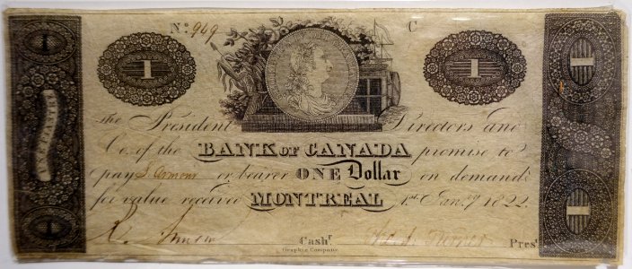 1_Dollar,_Bank_of_Canada,_1822_-_Bank_of_Montréal_Museum_-_Bank_of_Montreal,_Main_Montreal_Branch_-_119,_rue_Saint-Jacques,_Montreal,_Quebec,_Canada_-_DSC08406 photo